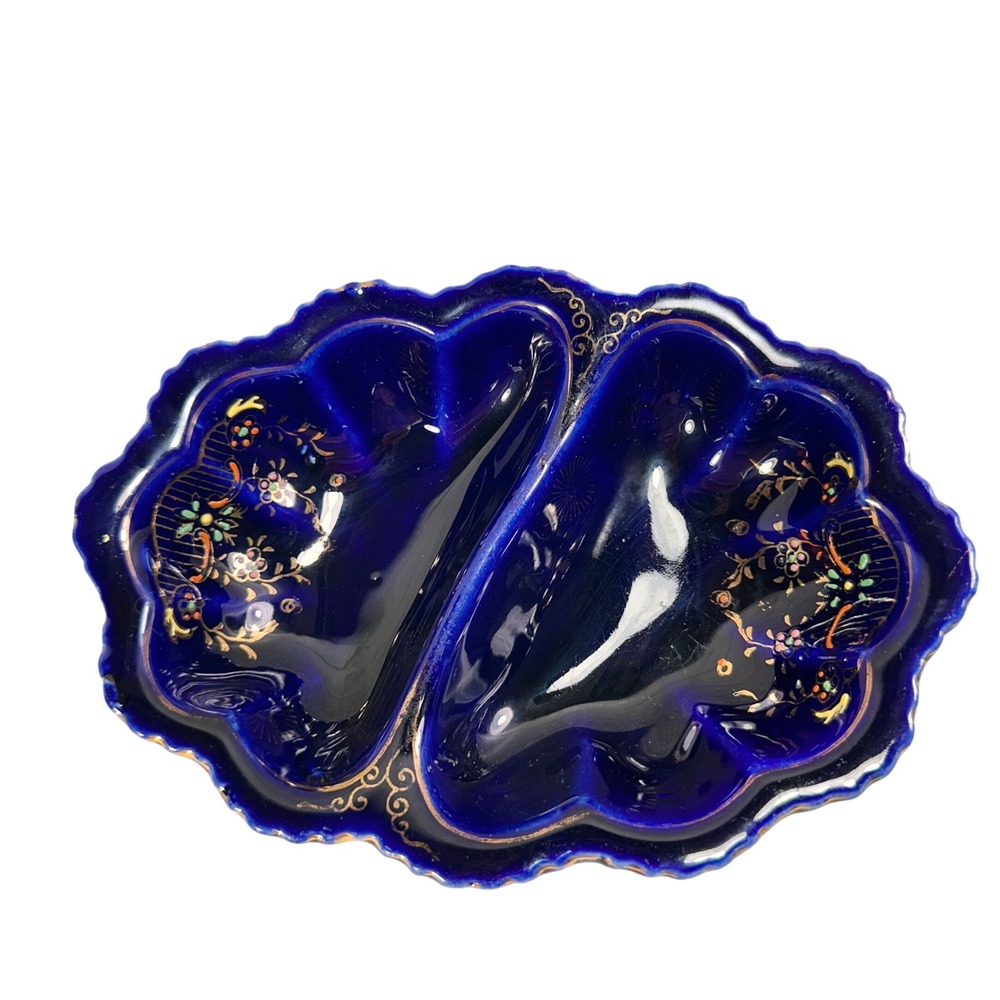 Cobalt Blue Glass Divided Nut Candy Dish Gold Floral Scalloped Rim made Japan